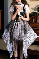 Black Fake Two Pieces Vintage Printed Irregular Hem Classic Lolita Dress - Black - 9