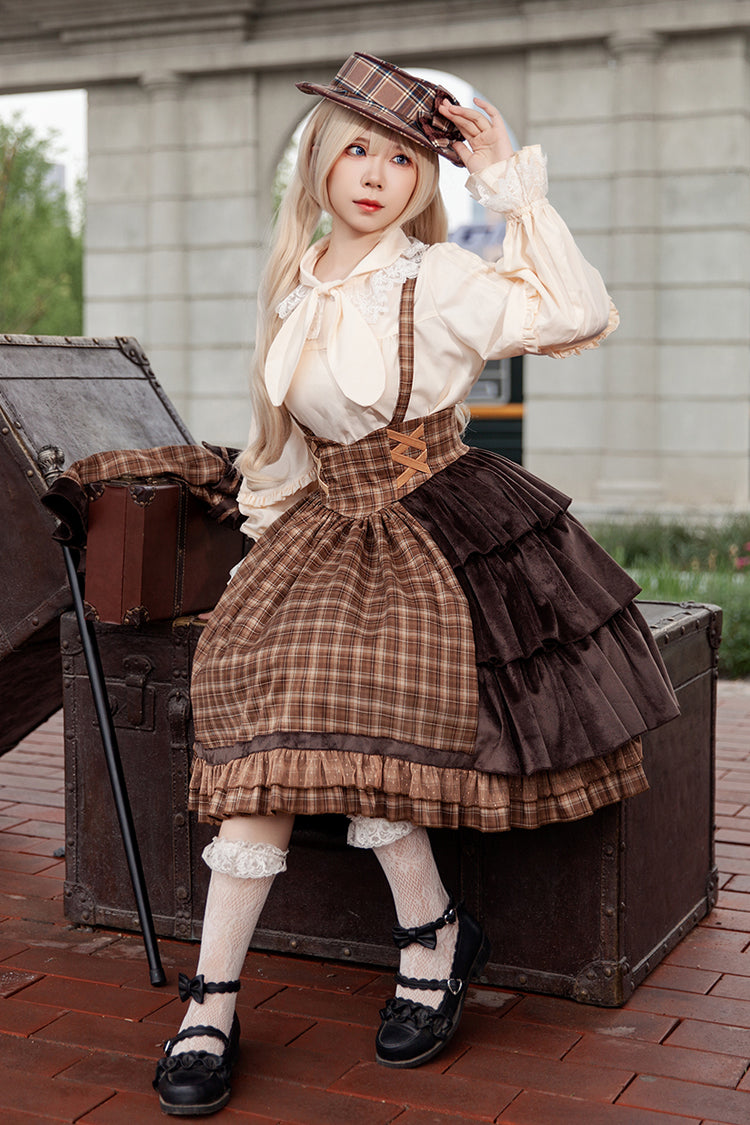 Brown [Morning Tune] Sleeveless High Waisted Print Ruffle Asymmetric Sweet Lolita Strap Dress - Product - 4