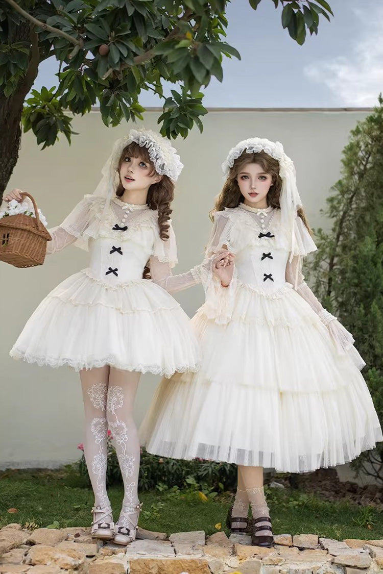 Ivory [The Oath of White Mist] Edwardian Collar Long Sleeves Multi-Layered Ruffled Bow Lace Fishbone Sweet Lolita Dress 2 Versions - Product - 2