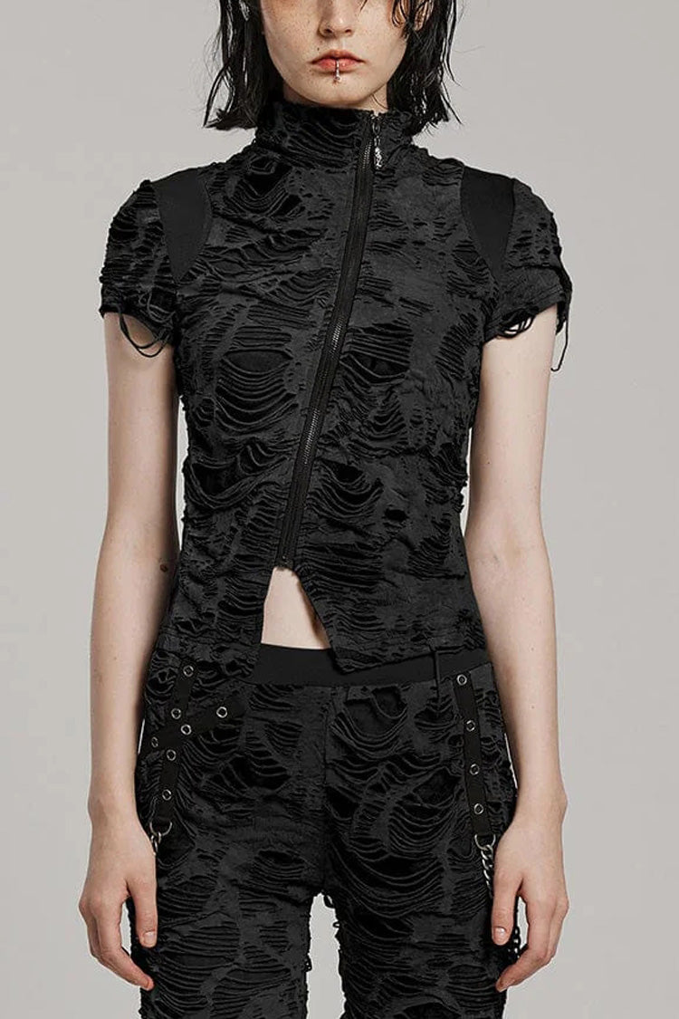 Stand Collar Short Sleeves Diagonal Zipper Ripped Womens Steampunk T-Shirt 2 Colors - Black - 9