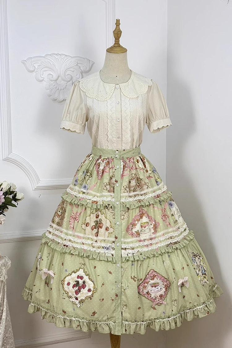 Green [Cat Rose Tea] Print Ruffle Sweet Gorgeous Lolita Skirt - Green - 1