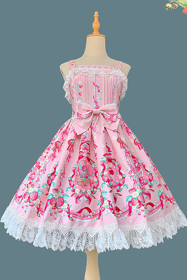 [Strawberry Chef] Sleeveless Print Bowknot Lace Sweet Lolita Jsk Dress 4 Colors - Pink - 1
