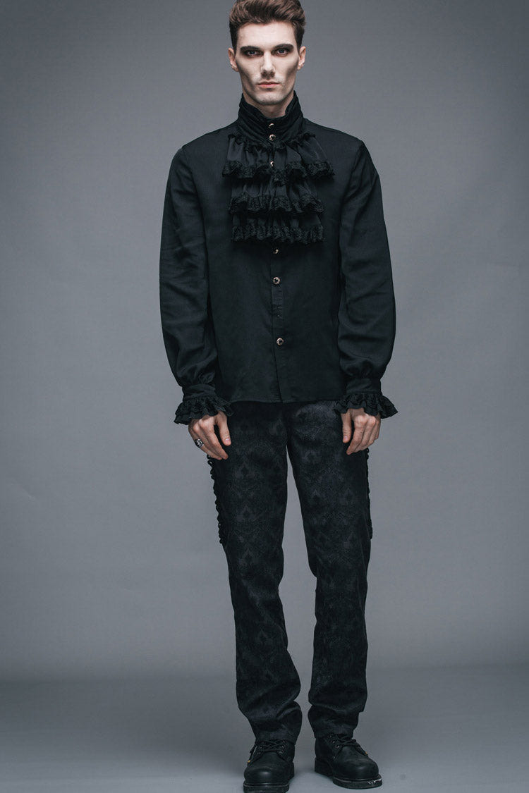 Black Ruffled Lace Button-Up Micro-bullet Chiffon Long Sleeve Men's Gothic Shirt - Product - 7