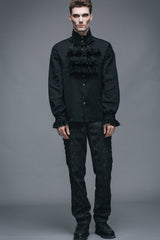 Black Ruffled Lace Button-Up Micro-bullet Chiffon Long Sleeve Men's Gothic Shirt - Product - 7