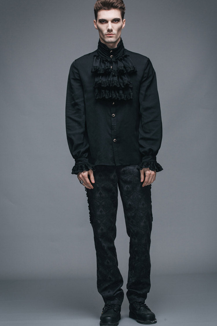 Black Ruffled Lace Button-Up Micro-bullet Chiffon Long Sleeve Men's Gothic Shirt - Product - 7