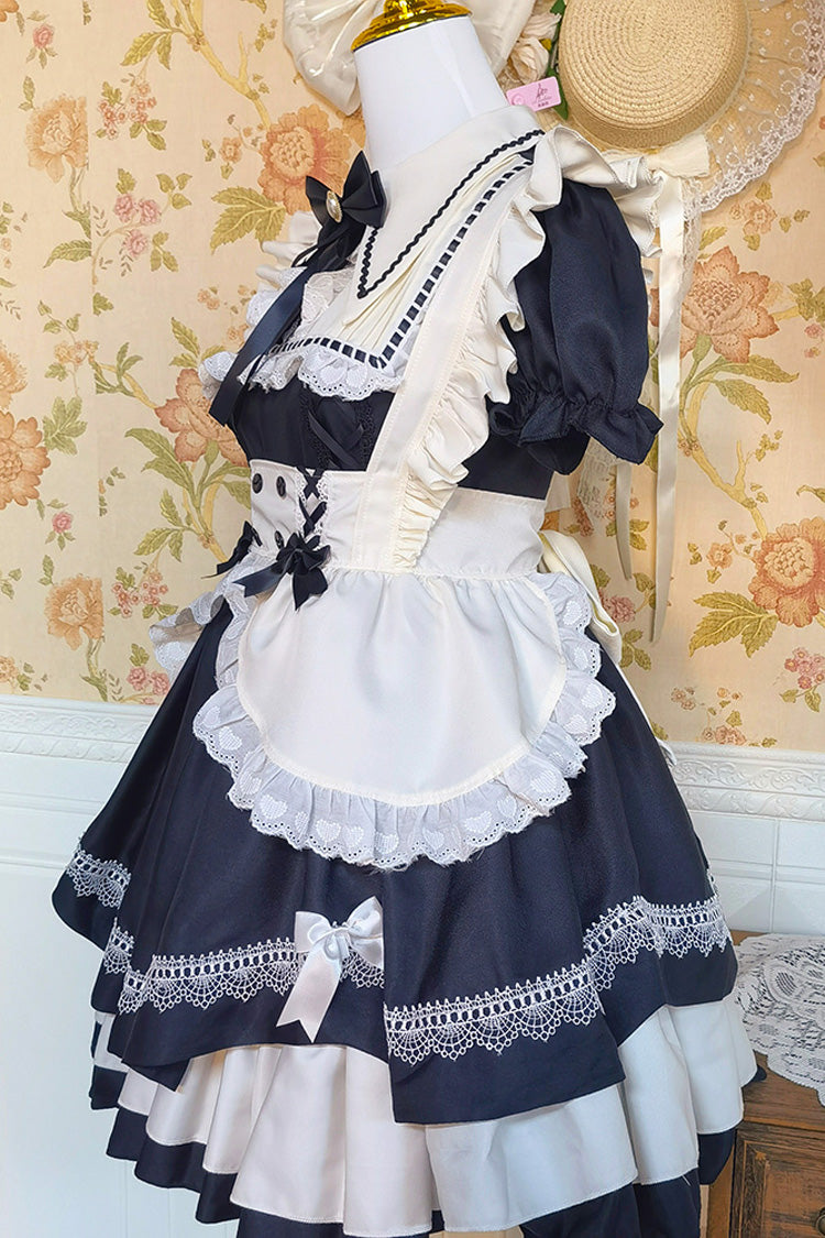 Black/White Short Sleeves Triple-Layered Ruffle Bowknot Lace Sweet Plus Size Maid Lolita Dress Set - Product - 7