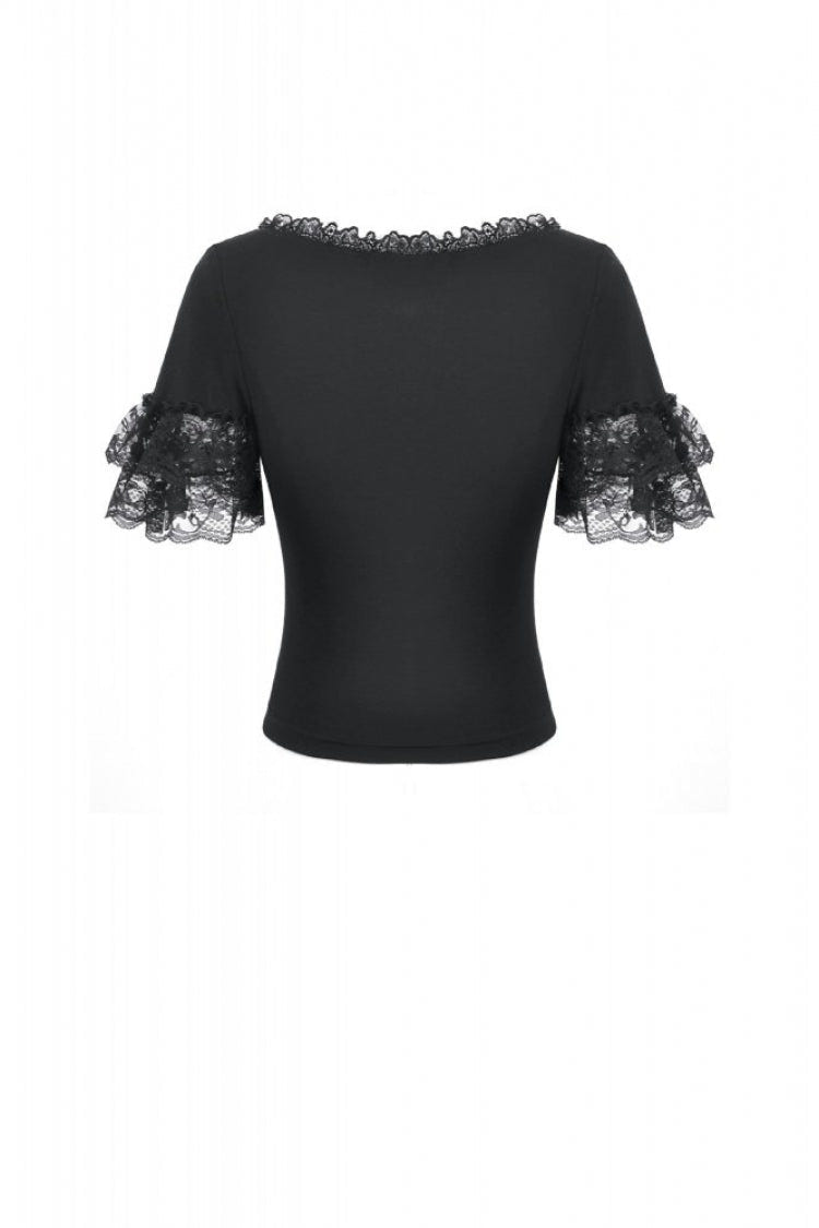 Black Women's Gothic Square Collar Double-Layered Lace Short Sleeves Embroidered Slim Fit Top - Product - 15