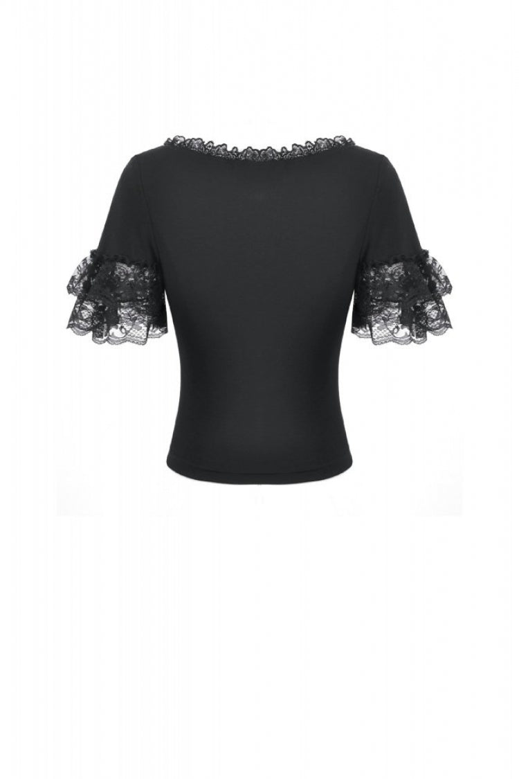 Black Women's Gothic Square Collar Double-Layered Lace Short Sleeves Embroidered Slim Fit Top - Product - 15