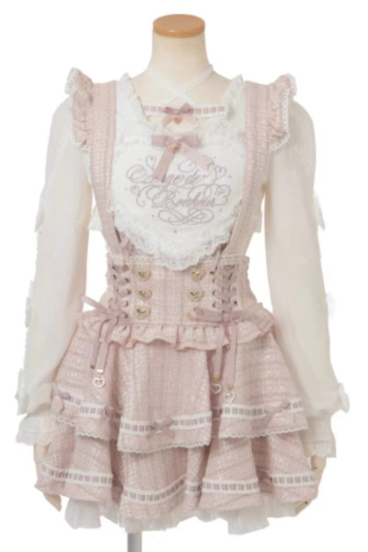 Sweet Jirai Kei Multi-Layered Printed Ruffled Spliced Lace Japanese Suspender Skirt 3 Colors - Pink - 2