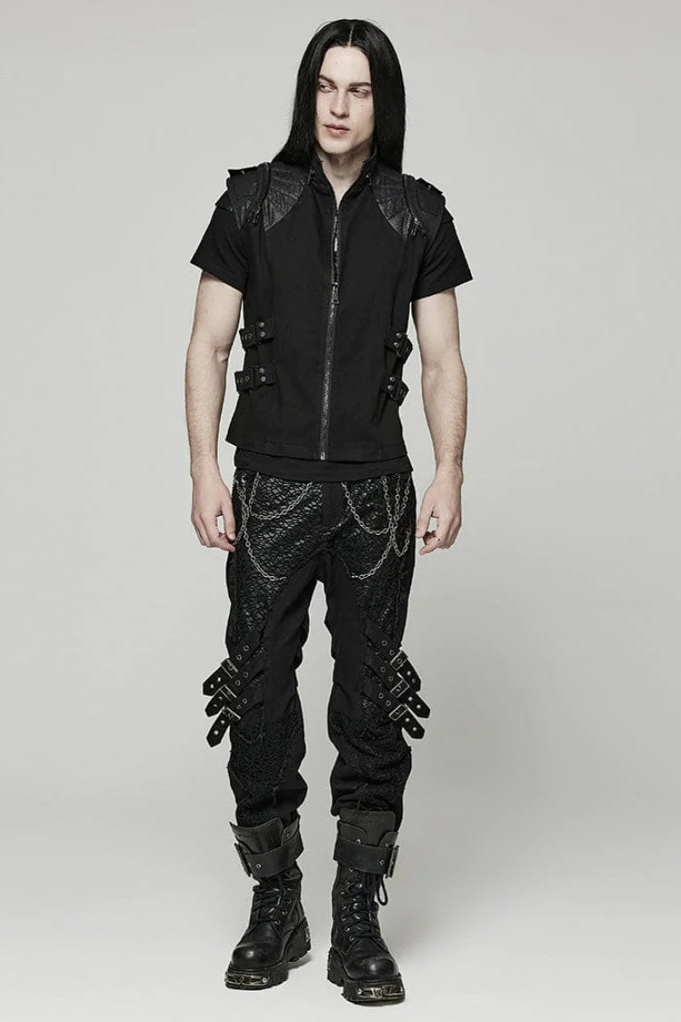 Black Stand Collar Side Waist Webbing Decorative Stitching Mens Steampunk Vest - Product - 4