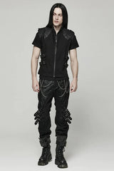 Black Stand Collar Side Waist Webbing Decorative Stitching Mens Steampunk Vest - Product - 4