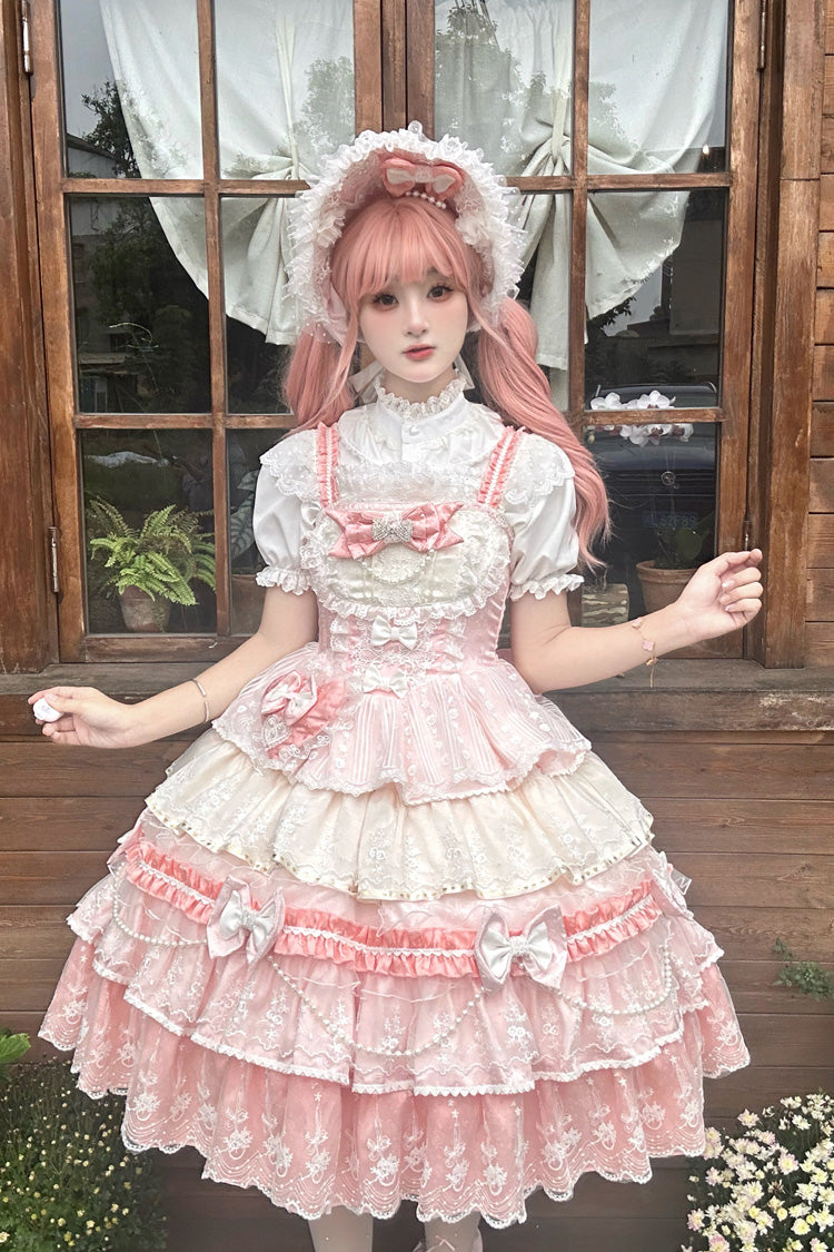 Pink [Falling Sakura] Multi-Layered Ruffled Hanayome Bow Lace Sweet Plus Size Princess Lolita Jsk Dress - Product - 2