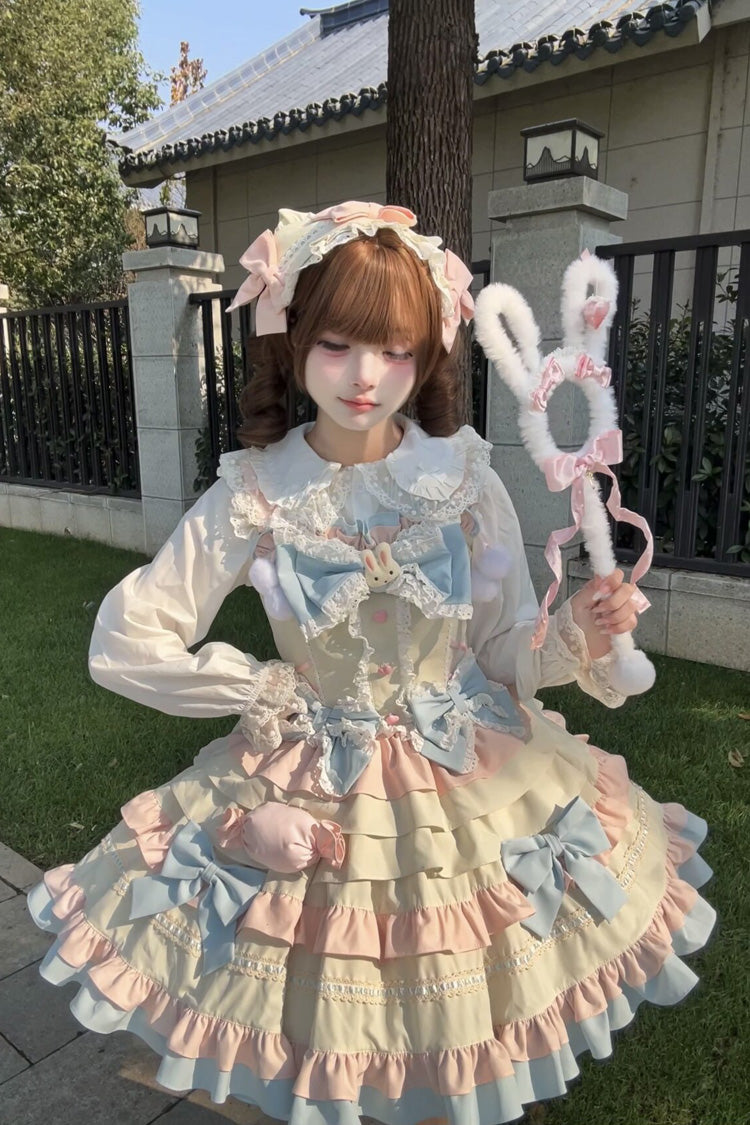 Blue/Pink/Ivory [Candied Pastry Crisp] Multi-Layered Ruffled Bow Sweet Lolita Jsk Dress - Product - 2