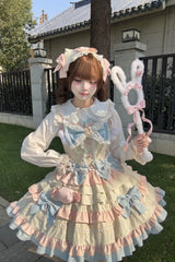 Blue/Pink/Ivory [Candied Pastry Crisp] Multi-Layered Ruffled Bow Sweet Lolita Jsk Dress - Product - 2