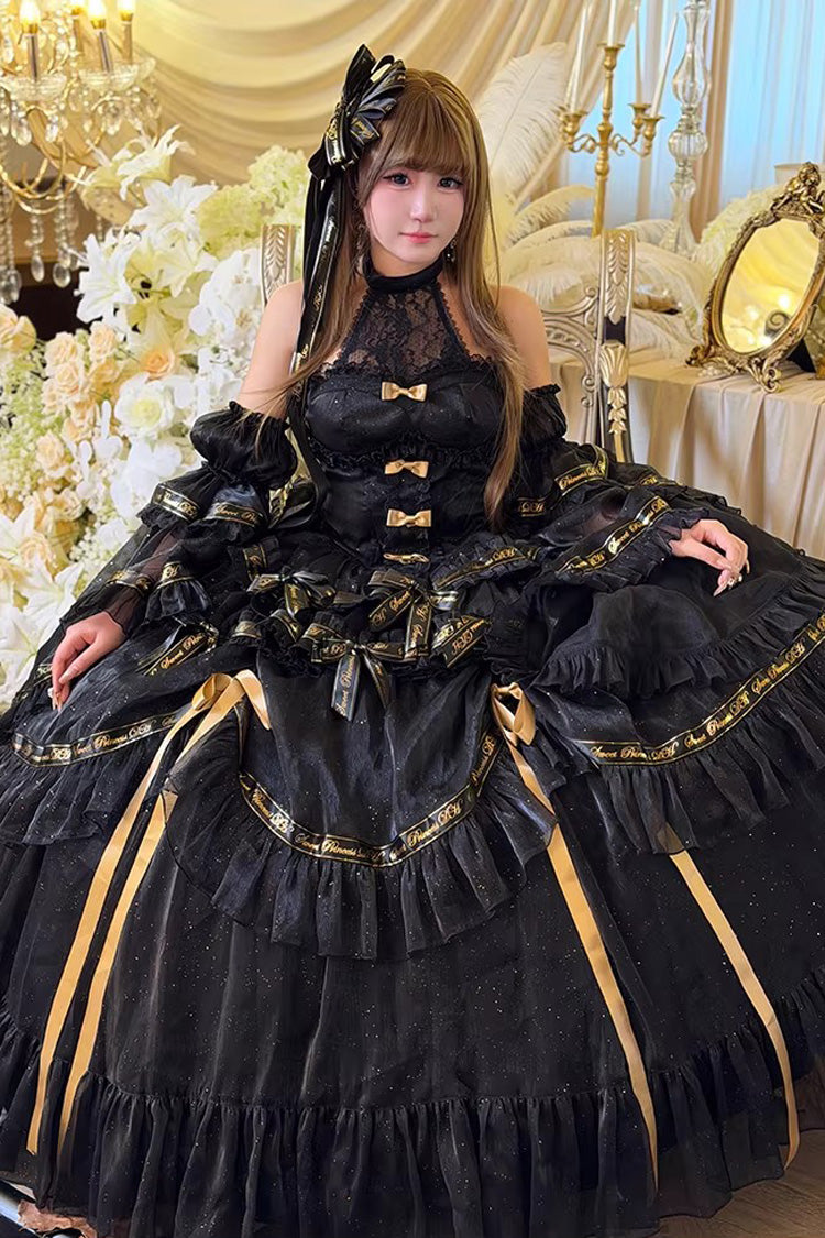 Black [Obsidian Banquet] Double-Layered Ruffled Hanayome Bow Lace Sweet Gothic Princess Lolita Jsk Dress - Product - 8