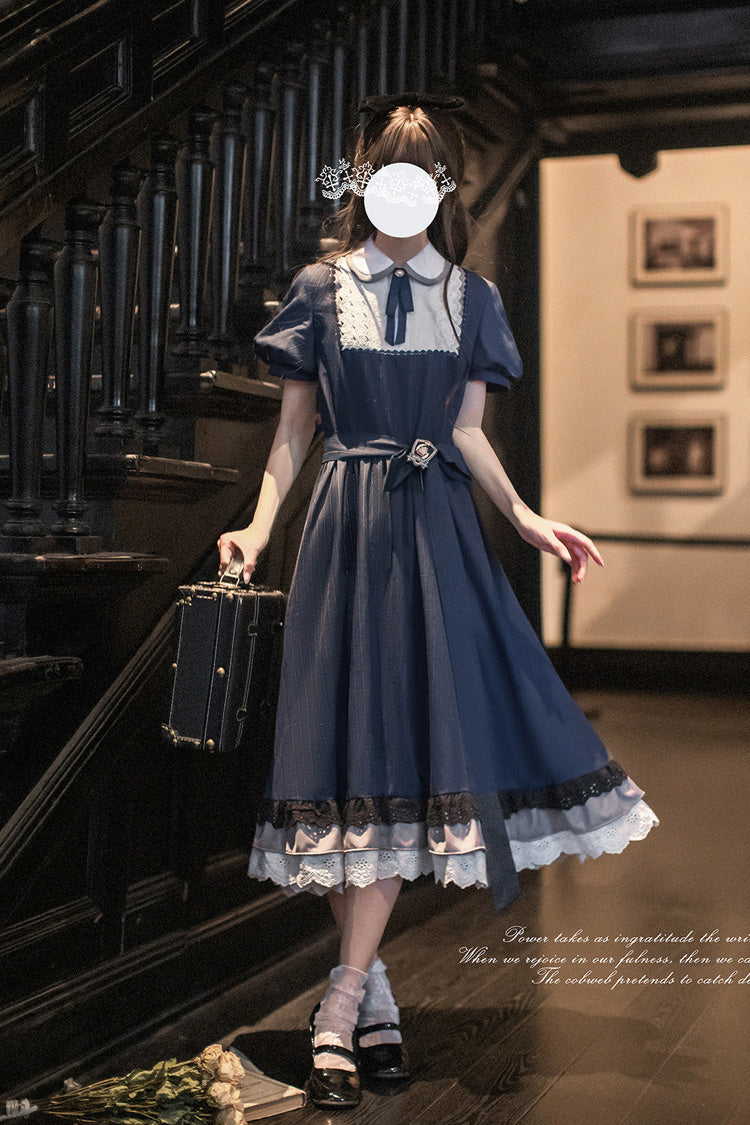 Blue [Phyllis] Lapel Collar Short Sleeves Printed Bow Classic Vintage Elegant Lolita Dress - Product - 6