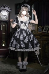 Doll Night Short Sleeves Print Ruffle Embroidery Bowknot Gothic Lolita Dress 2 Colors - Black - 1