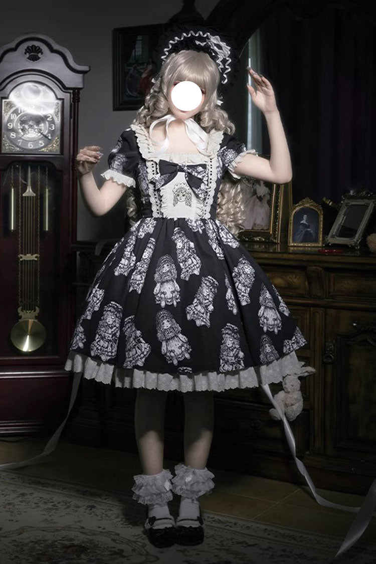Doll Night Short Sleeves Print Ruffle Embroidery Bowknot Gothic Lolita Dress 2 Colors - Black - 1