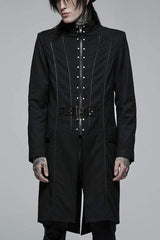 Black Punk Stand Collar Skeleton Embroidery Frenulum Metal Rivet Zippe Slim Fit Mid Length Men's Coat - Black - 1