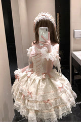 Apricot [Flora Isle Butterfly] Sleeveless Ruffle Bowknot Lace Lace-Up Sweet Elegant Lolita Jsk Dress - Product - 6