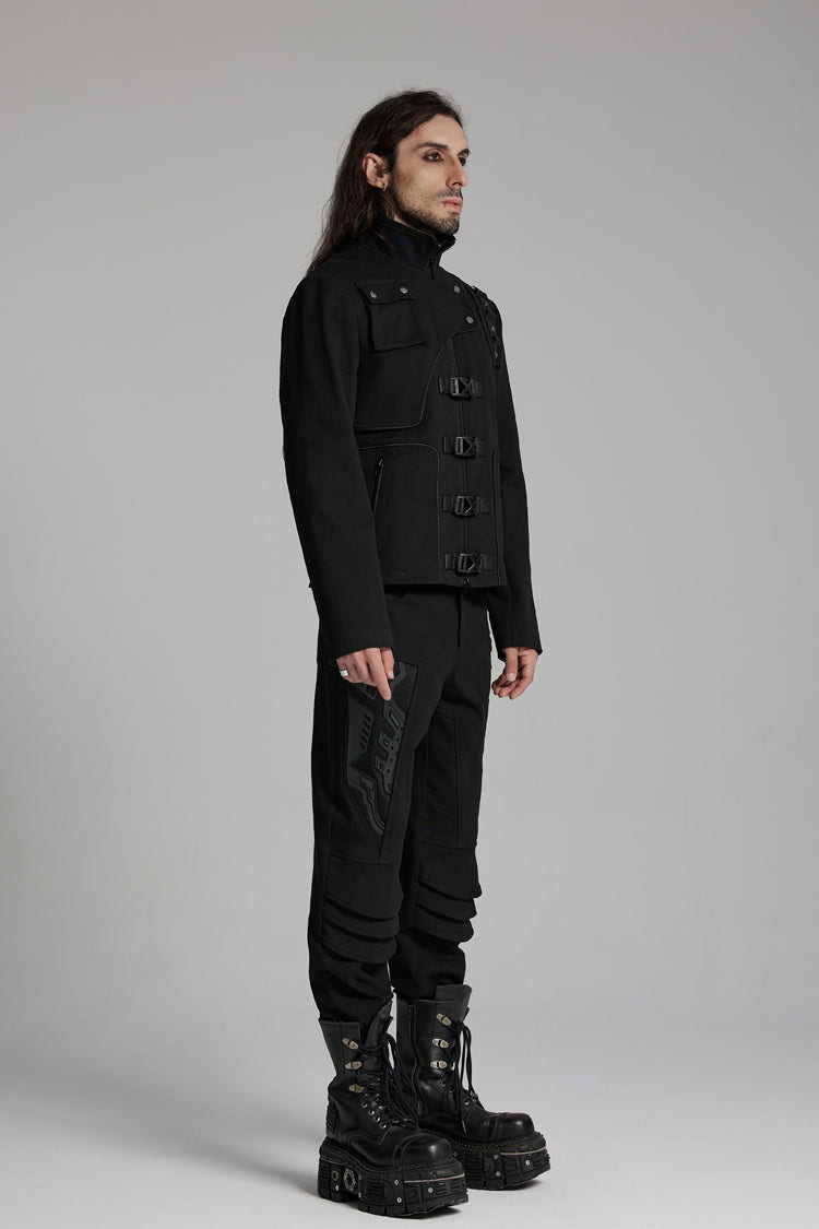 Black Buckle-up Rivets Long Sleeves Men's Punk Jacket - Product - 2