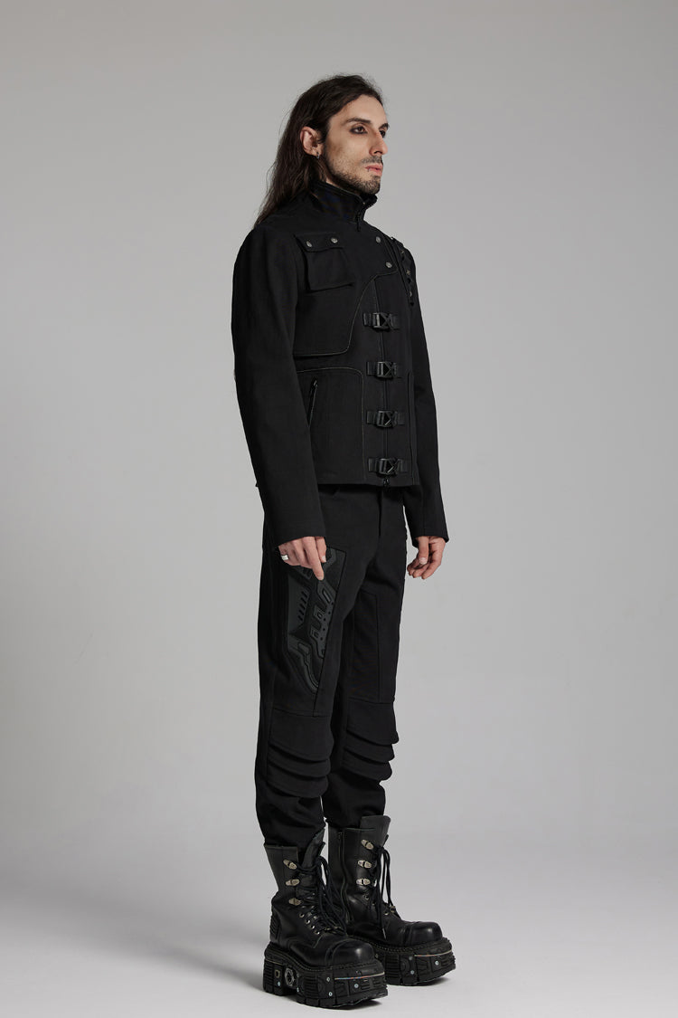 Black Buckle-up Rivets Long Sleeves Men's Punk Jacket - Product - 2
