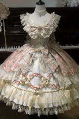 Pink [Gilded Waltz] Square Collar Sleeveless Printed Ruffled Embroidered Bow Lace Gorgeous Sweet Lolita Jsk Dress - Product - 3