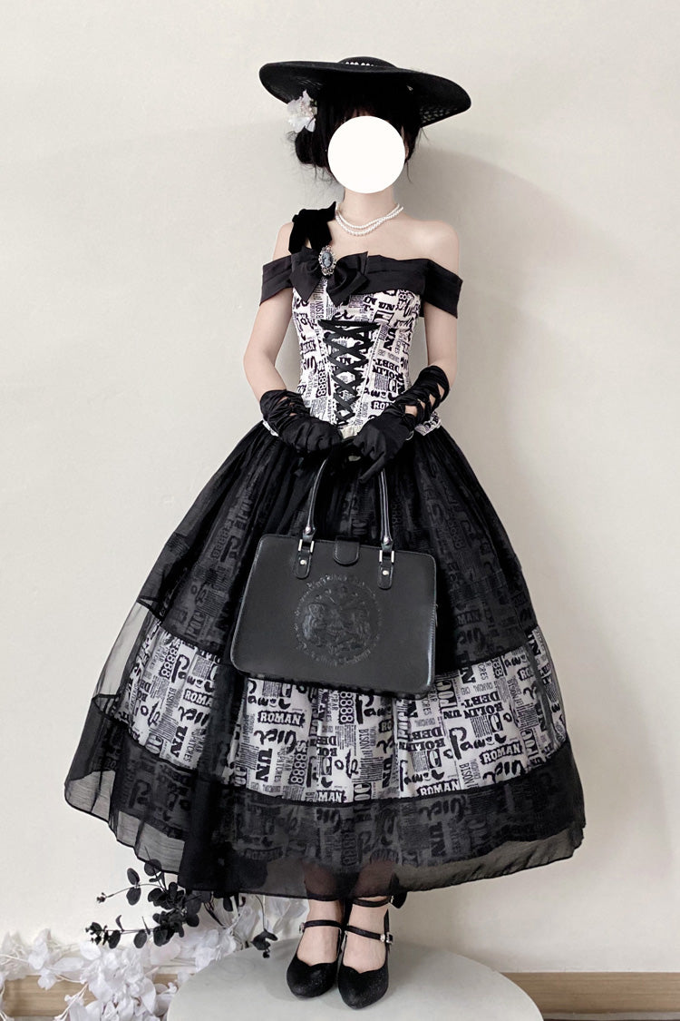 Black [Pin-Up Girl] Boat Neck Printed Ruffled Bow Lace-Up Asymmetric Gothic Elegant Lolita Skirt Set - Black - 1