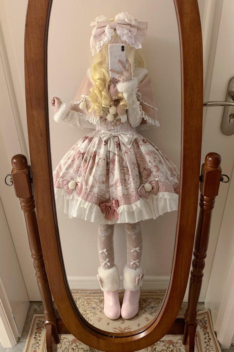 Pink [Sweet Dessert Cat] Print Ruffle Bowknot Lace Sweet Princess Lolita Dress Set - Product - 7
