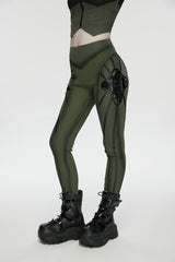 Black/Green Slim Women's Armor-Accentuated Paneled Punk Leggings - Product - 8