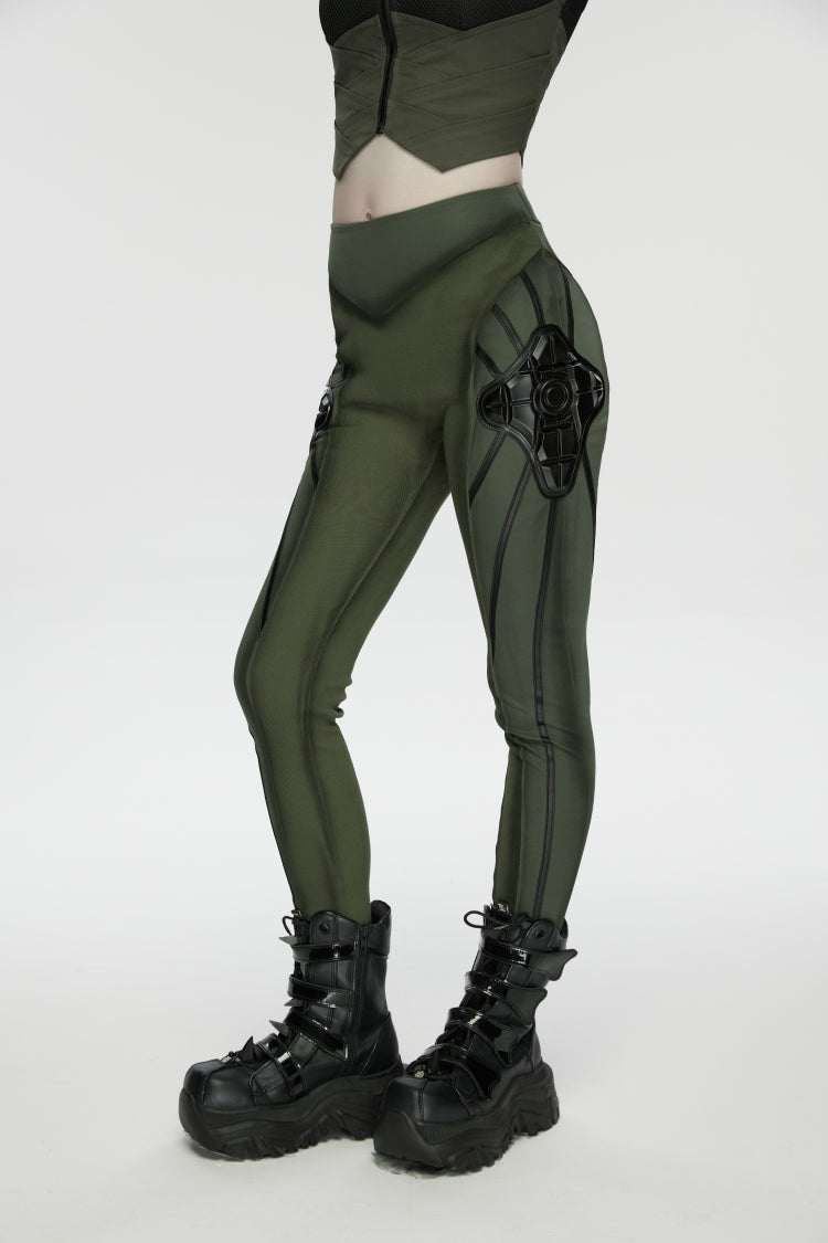 Black/Green Slim Women's Armor-Accentuated Paneled Punk Leggings - Product - 8