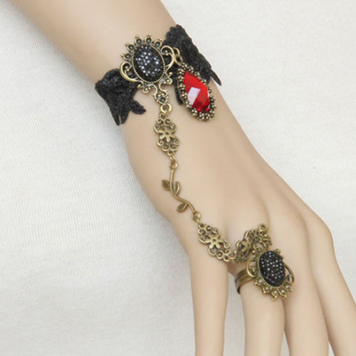 Black Vampire Retro Fashion Handmade Lace Ruby Female Party Gothic Lolita Ring Bracelet - Product - 3