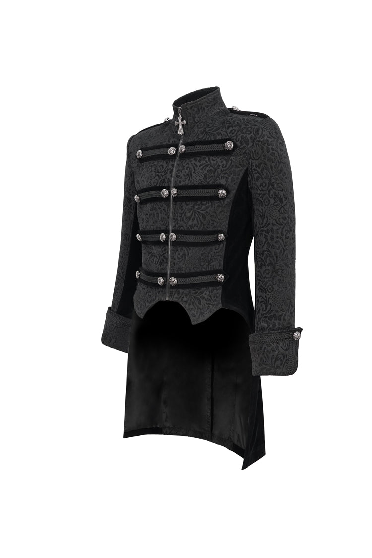 Black Silk Stand Collar Printed Metal Breasted Cross Zipper Back Slit Vintage Men's Gothic Jacket - Product - 6