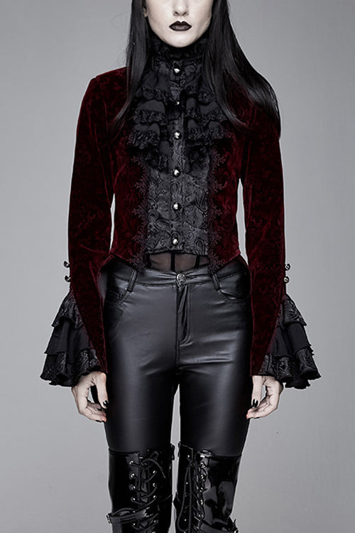Red Jacquard Velvet Womens Swallow Tailed Gothic Coats - Red - 1