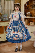 Dark Blue Tea Party Print Ruffle Bowknot Lace Sweet Elegant (Dress Only) front view
