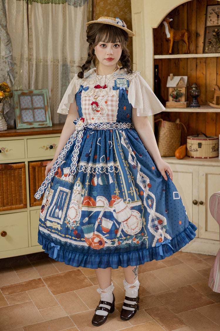 Dark Blue [Tea Party] Print Ruffle Bowknot Lace Sweet Elegant Lolita Jsk Dress - Dark Blue - 1