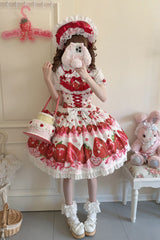 [Sweet Berry Tale] Strawberry Print Ruffle Bowknot Lace Sweet Lolita Jsk Dress 4 Colors - Product - 16