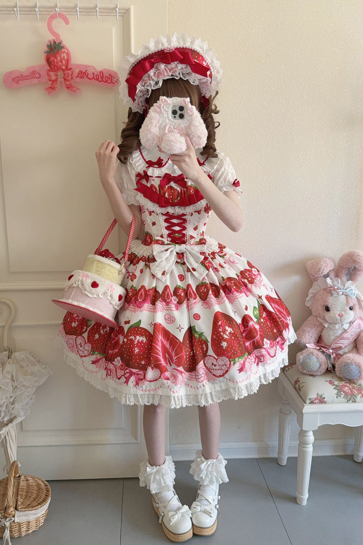 [Sweet Berry Tale] Strawberry Print Ruffle Bowknot Lace Sweet Lolita Jsk Dress 4 Colors - Product - 16