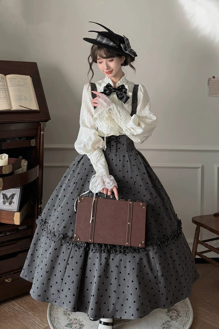 Black [Chapter Seven] Polka Dots Printed Fishbone Classic Elegant Princess Lolita Strap Dress - Product - 3