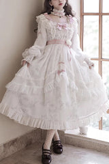 Ivory Long Sleeves Rose Print Bowknot Sweet Princess Lolita Dress - Ivory - 1