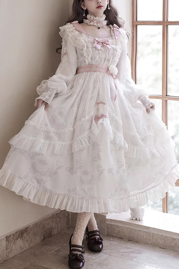 Ivory Long Sleeves Rose Print Bowknot Sweet Princess Lolita Dress - Ivory - 1