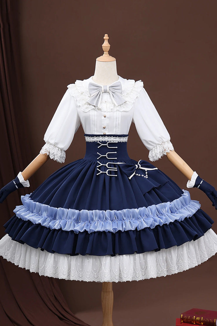 White/Blue [Identity V Gardener Inspired Dreamy] Half Sleeves Multi-Layered Ruffled Bow Classic Chinese Inspired Lolita Skirt Set - White/Blue(Set) - 1