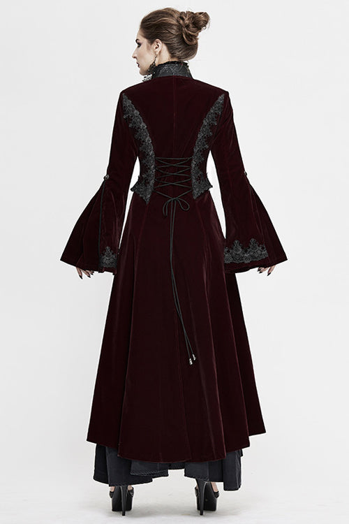Red Lace Flared Sleeves Velvet Long Womens Gothic Coat - Product - 3