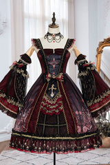 Wine Vintage Hanayome Eye of Red Heart Bowknot Multi-Layer Ruffled Classic Lolita JSK Dress - Product - 6