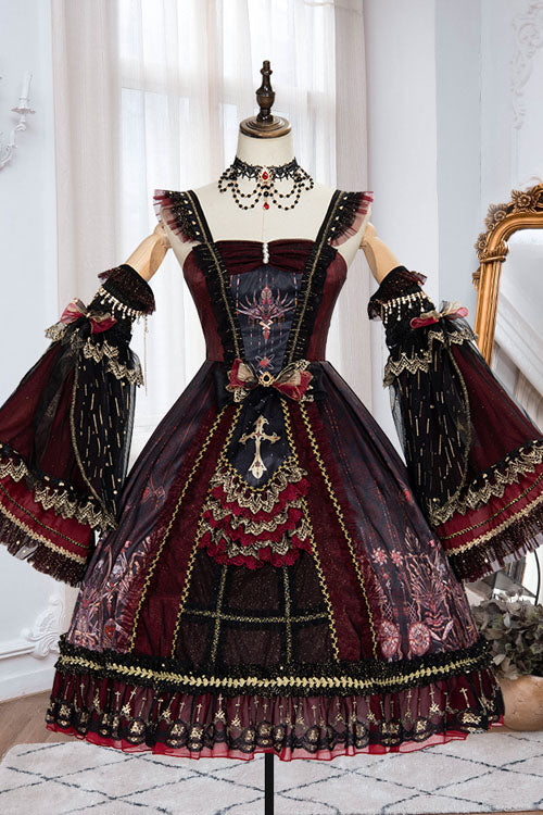 Wine Vintage Hanayome Eye of Red Heart Bowknot Multi-Layer Ruffled Classic Lolita JSK Dress - Product - 6