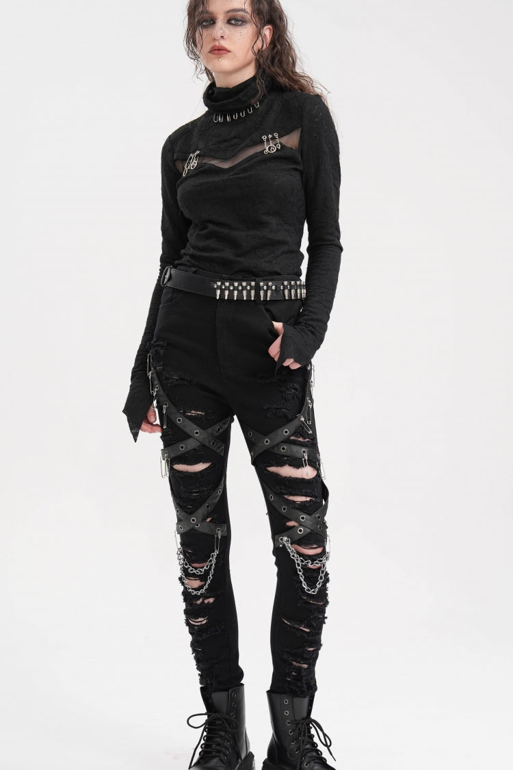 Black Chain Mesh Ripped Women's Punk Pants - Product - 7