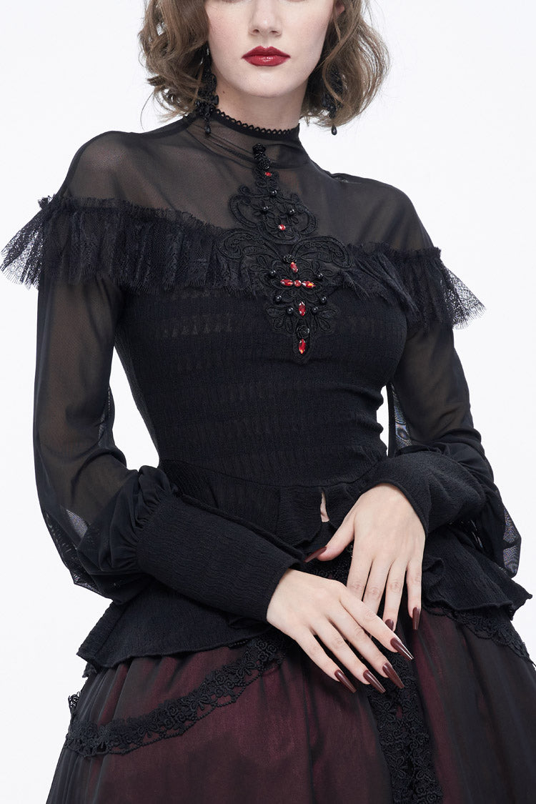 Black Retro Perspective Sexy Turtleneck Lace Panel Mesh Lantern Sleeve Women's Gothic T-Shirt - Black - 1
