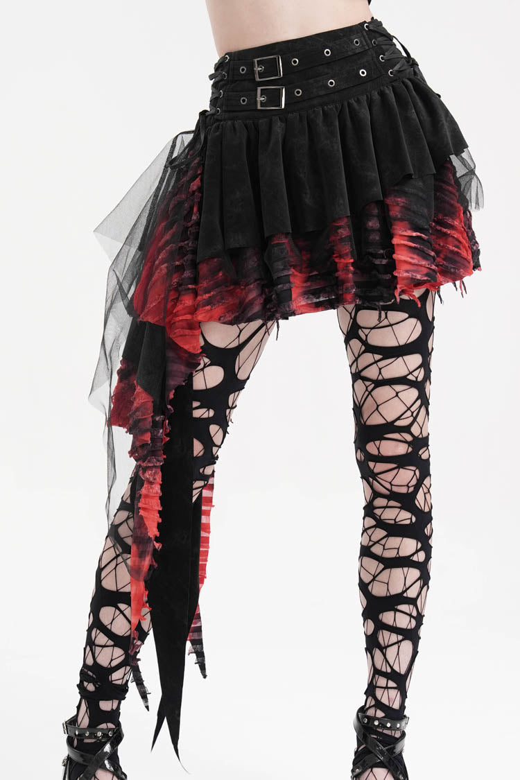 Black/Red Stitching Irregular Mesh Women's Gothic Skirt - Black/Red - 1