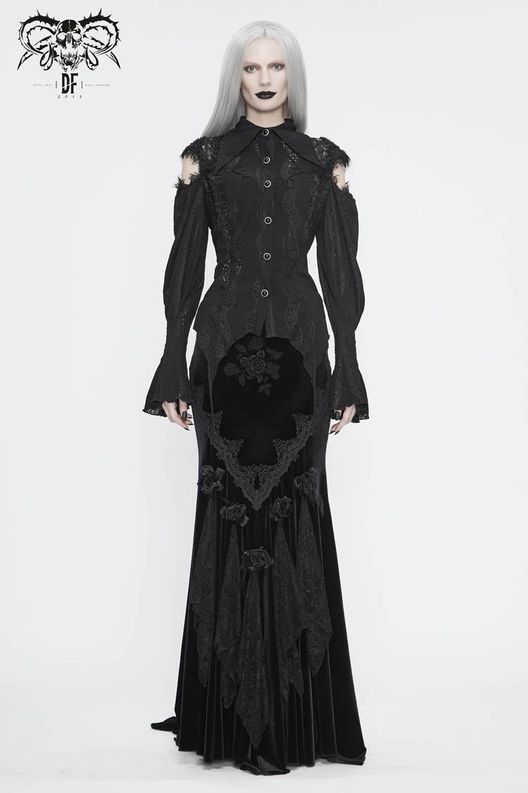 Black Front Chest Webbing Appliques Hollow-Out Lantern Sleeve Flare Cuff Back Waist Lace Up Women's Gothic Blouse - Product - 4