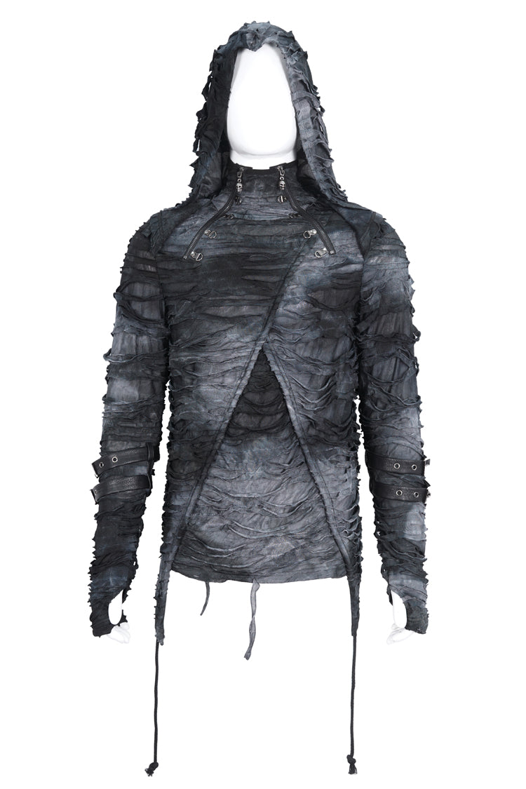 Black High Collar Long Sleeves Print Ripped Men's Punk Hoodies T-Shirt - Product - 6